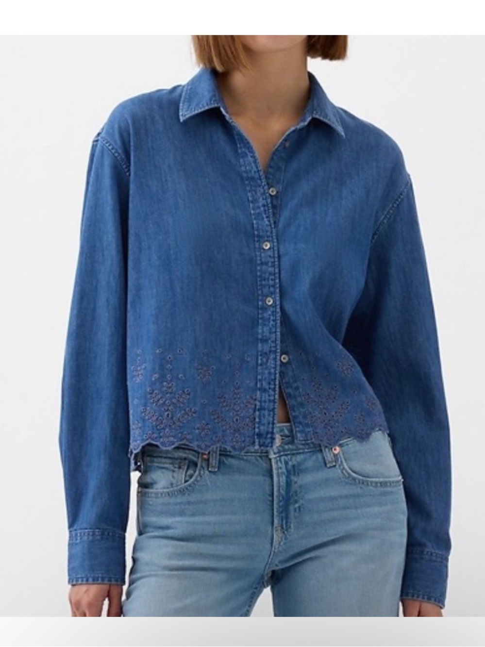 Gap Blue Denim Button-Up Shirt with Eyelet Embroidered Hem